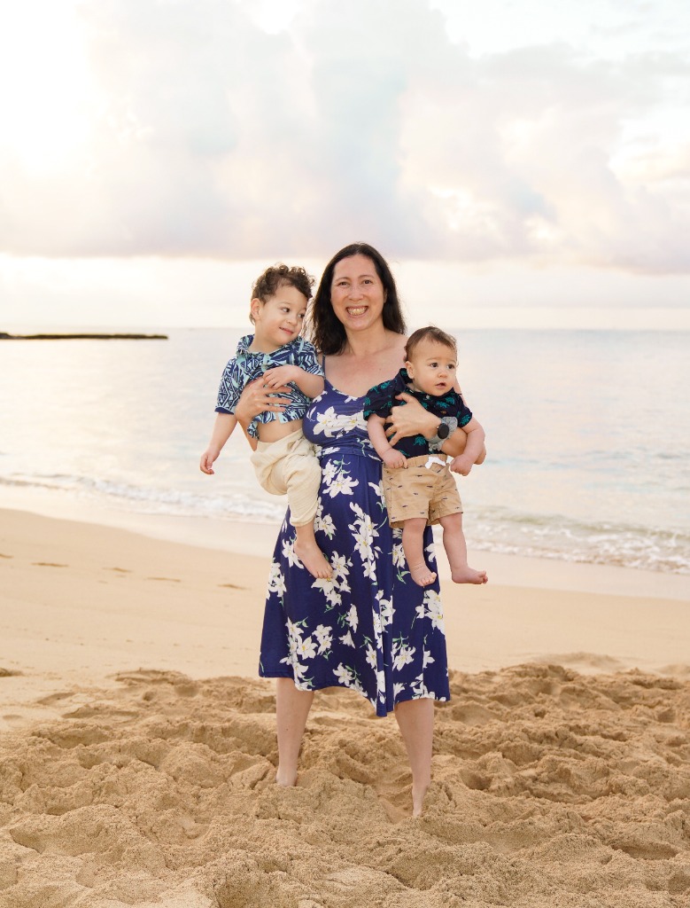 Kelly with her two boys at the beach