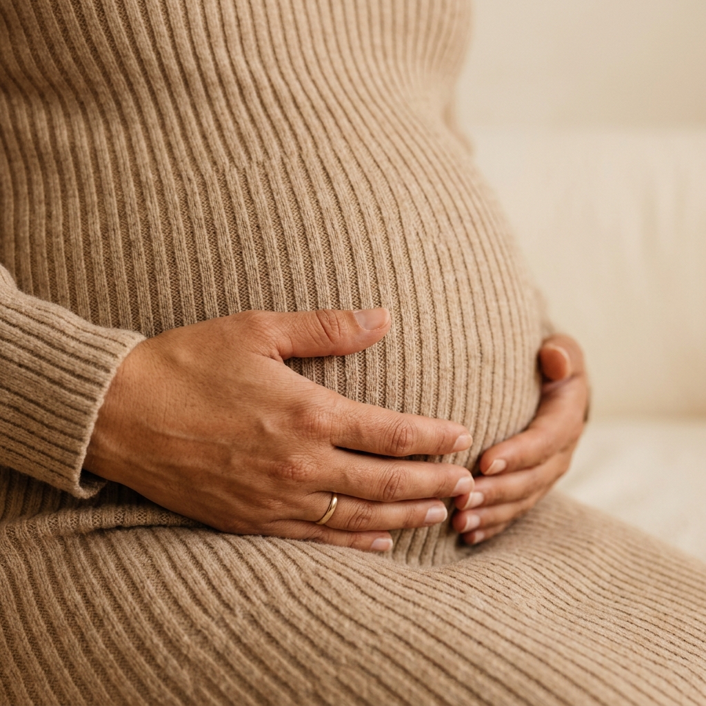 Pregnant mother holding her belly in warm ribbed tan dress